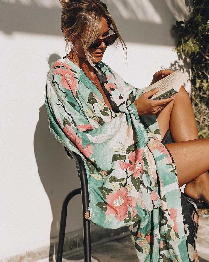 Green Vintage Printed Boho Maxi Kimono